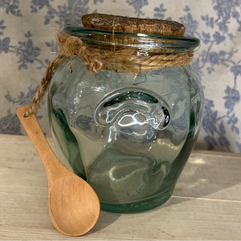 VTG Ben Rickert Green Glass Jar with Cork Top and small Wooden Spoon